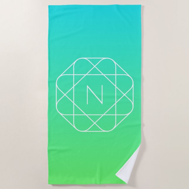 Cool Geometric Monogram | Blue & Lime Green Ombre Beach Towel (Front)