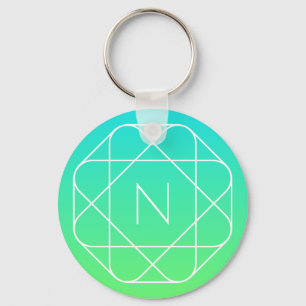 Cool Geometric Monogram   Blue & Lime Green Ombre Keychain