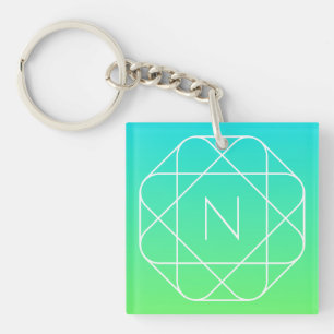 Cool Geometric Monogram   Blue & Lime Green Ombre Keychain