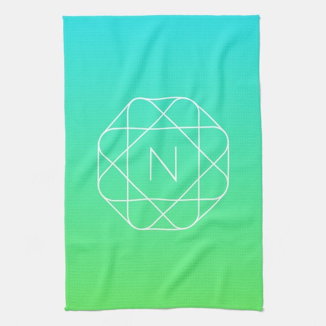 Cool Geometric Monogram | Blue & Lime Green Ombre Kitchen Towel (Vertical)