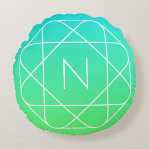 Cool Geometric Monogram   Blue & Lime Green Ombre Round Pillow