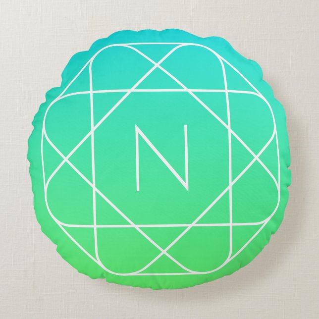 Cool Geometric Monogram | Blue & Lime Green Ombre Round Pillow (Front)