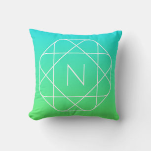 Cool Geometric Monogram   Blue & Lime Green Ombre Throw Pillow