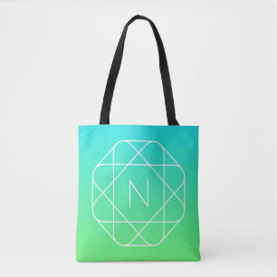 Cool Geometric Monogram Blue & Lime Green Ombre Tote Bag