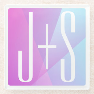 Cool Geometric Pink & Purple Couples Initials Glass Coaster