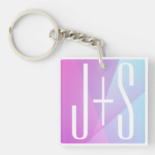Cool Geometric Pink & Purple   Couples Initials Keychain