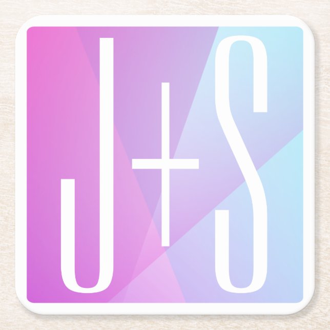 Cool Geometric Pink & Purple | Couples Initials Square Paper Coaster (Front)