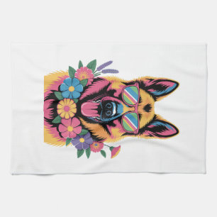 Cool German Shepherd in Neon Shades Kitchen Towel