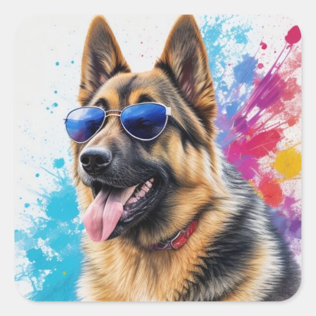 Cool German Shepherd Wearing Sunglasses Splash Art Square Sticker (Front)