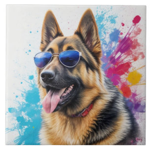 Cool German Shepherd Wearing Sunglasses Splash Art Tile