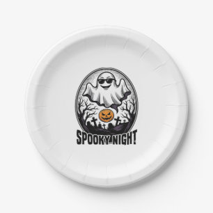 Cool Ghost Halloween Vintage Engraving Tee Art_1 Paper Plate