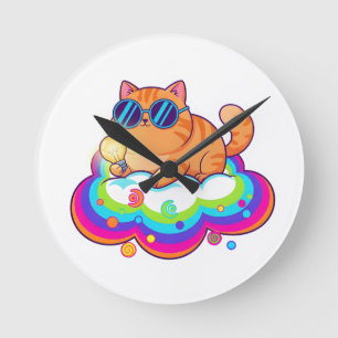 Cool Ginger Cat with Sunglasses Retro Vibe Round C Clock