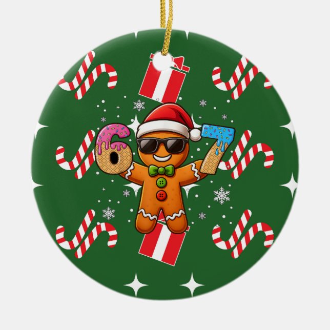 Cool Gingerbread 67 — Holiday Ice‑Cream Numbers Ceramic Ornament (Front)
