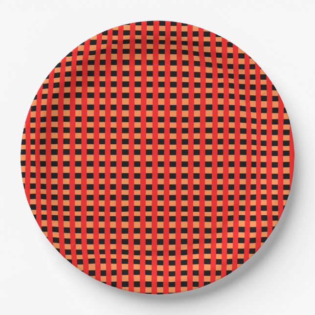 Cool Gingham Orange, Red and Black Pattern Design Paper Plate (Front)