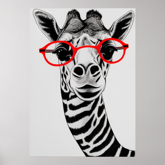 Cool Giraffe in Red Glasses Giraffe Drawing Art  Poster (Front)