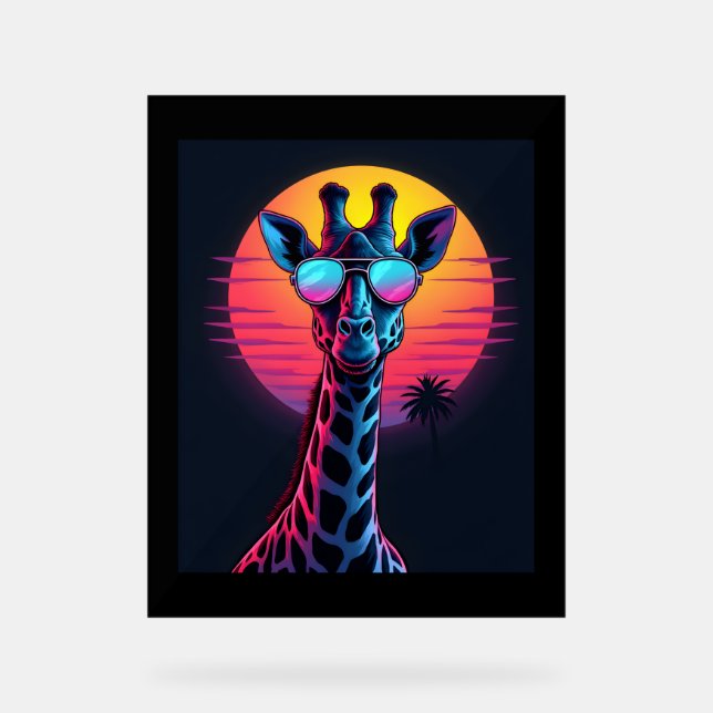 Cool Giraffe In Sunglasses Under Sunset Long Sleev Acrylic Sign (Front)