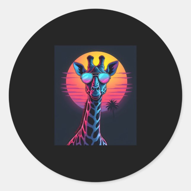 Cool Giraffe In Sunglasses Under Sunset Long Sleev Classic Round Sticker (Front)