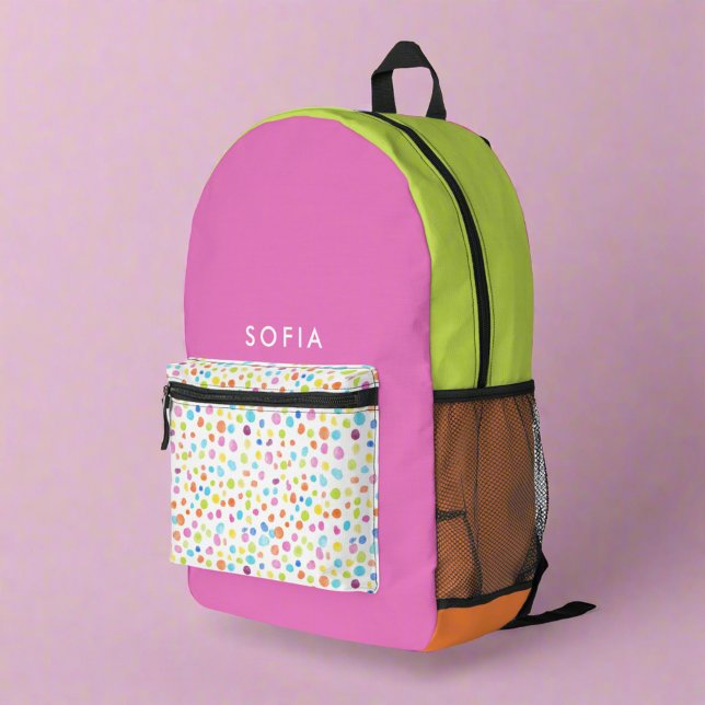 Cool Girly Colourful Dots Rainbow Monogram Name Printed Backpack (Creator Uploaded)