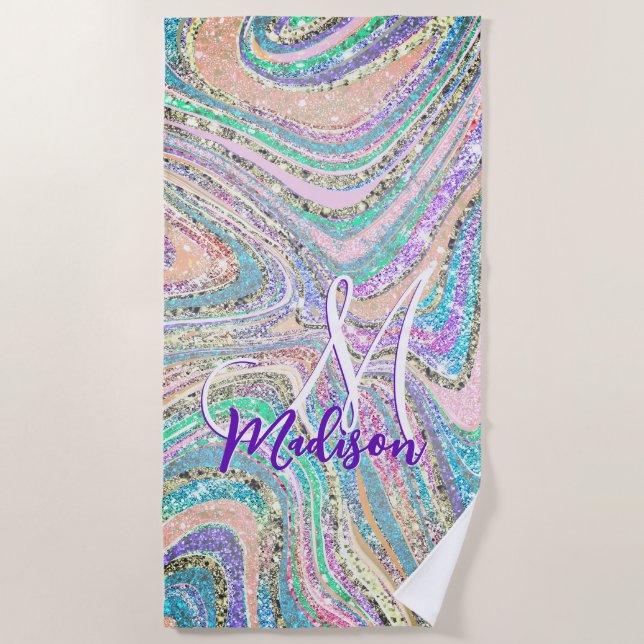 Cool girly faux glitter unicorn marble art beach towel (Front)