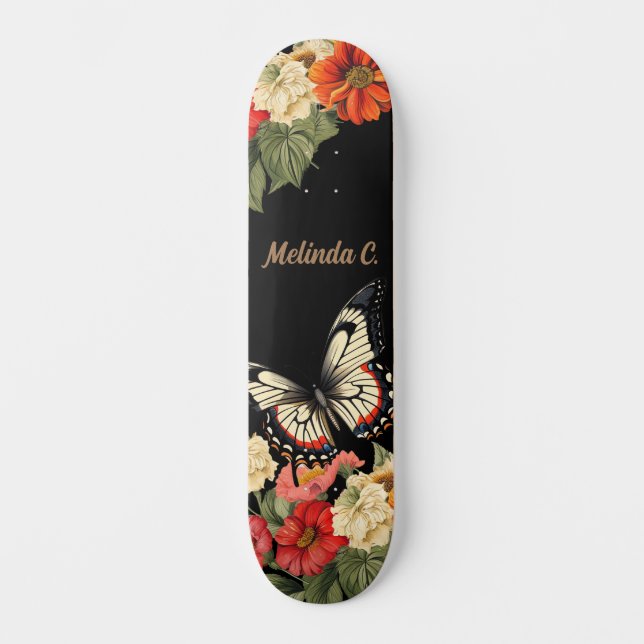 Cool Girly Floral Butterfly Wide Skate Deck (Front)
