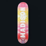 Cool Girly Tie Dye Custom Personalized Name Skateboard<br><div class="desc">Cool Girly Tie Dye Custom Personalized Name Skateboard features your personalized name in modern white typography on pink and yellow tie dye background. Personalize by editing the text in the text box provided. Give a custom made gift, personalized skateboard to your favourite skateboarder for Christmas, birthday or your BFF. Designed...</div>