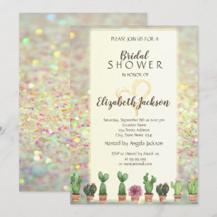 Cool Glitter Bokeh Cactus  Bridal Shower Invitation