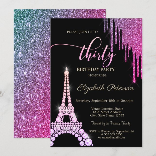 Cool Glitter Drips,Eiffel Tower Diamonds 30th Invitation (Front/Back)