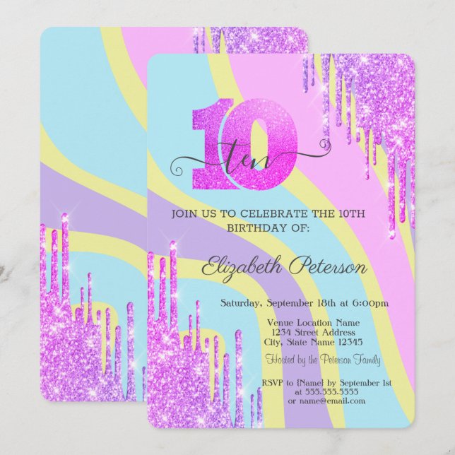 Cool Glitter Drips Groovy 10th Birthday  Invitation (Front/Back)