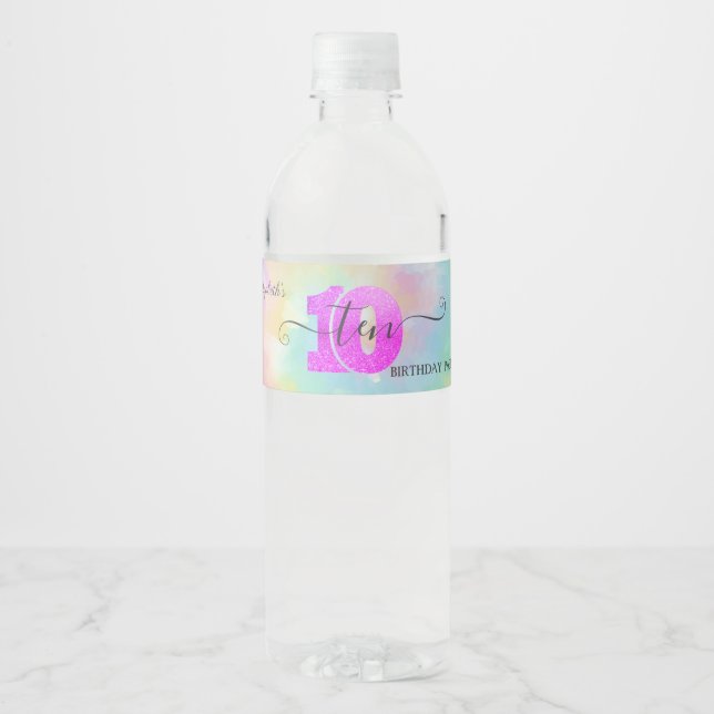 Cool Glitter Drips Tie Dye 10th Birthday   Water Bottle Label (Front)