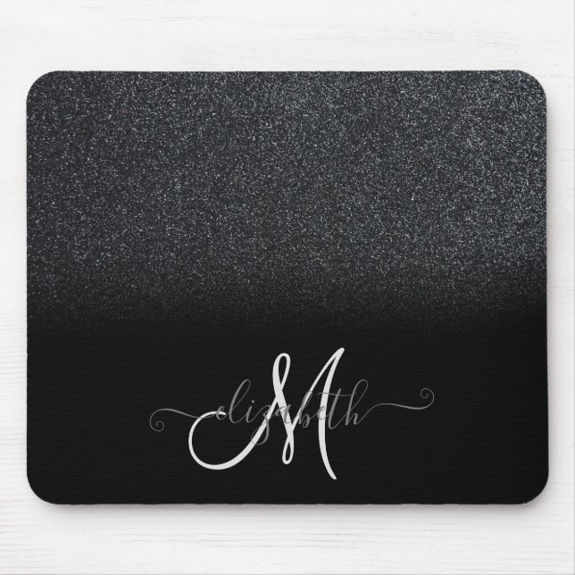 Cool Glitter Ombre Black Monogram Mouse Pad (Front)