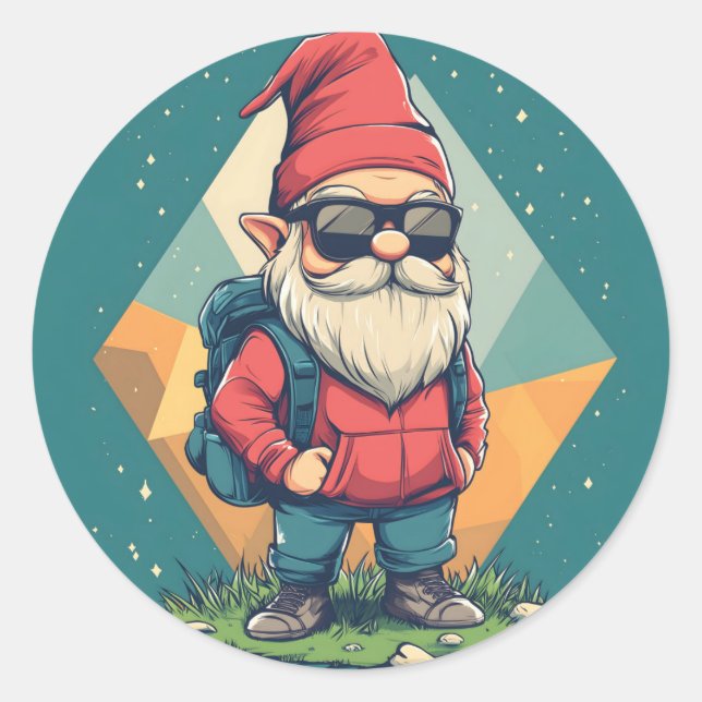 Cool Gnome on an Adventure: Fun Illustration Classic Round Sticker (Front)