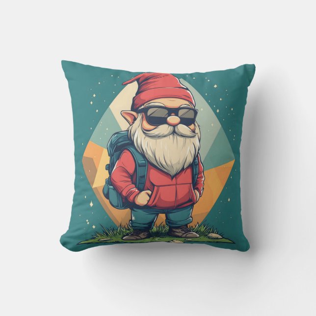 Cool Gnome on an Adventure: Fun Illustration Throw Pillow (Front)