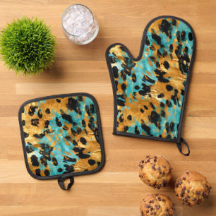 Cool Gold Aqua Leopard Oven Mitt & Pot Holder Set