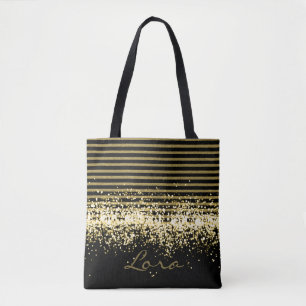 COOL GOLD BLACK GLITTER NAME TOTE BAG