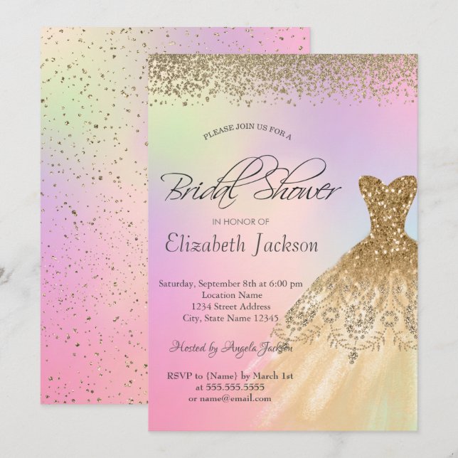 Cool Gold Dress,Diamonds Holographic Bridal Shower Invitation (Front/Back)