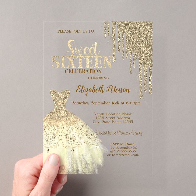 Cool Gold Glitter Drips,Dress Green Sweet 16 Acrylic Invitations (Insitu (Handheld))