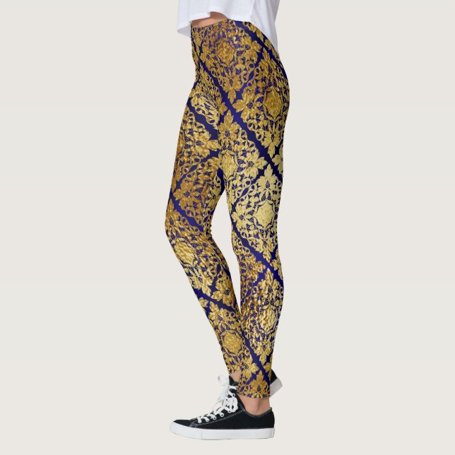 cool gold navy blue foil pattern womens leggings (Left)