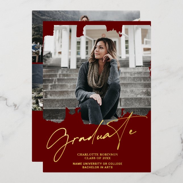Cool gold red graduate script photo graduation (Front/Back)