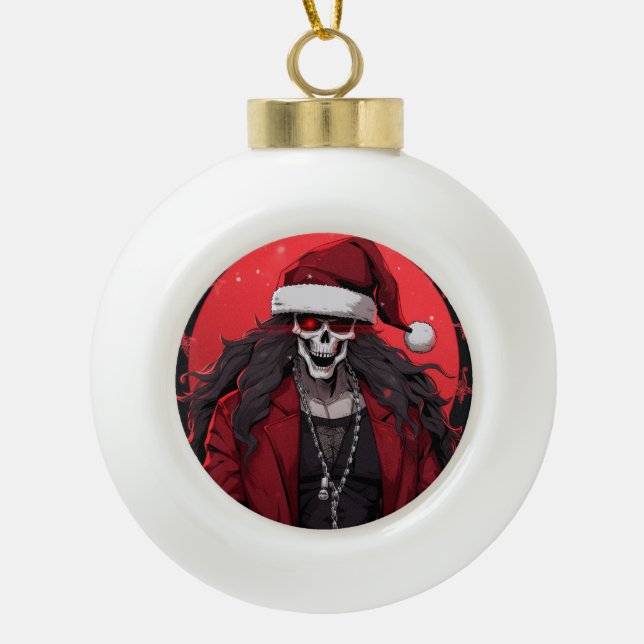 Cool Goth Punk Skull Anime Santa Demon Ceramic Ball Christmas Ornament (Front)