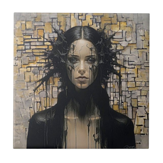 Cool Gothic Girl Meets Mondrian - Abstract Art Tile (Front)