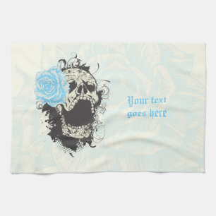 Cool gothic skull and blue rose custom kitchen towel