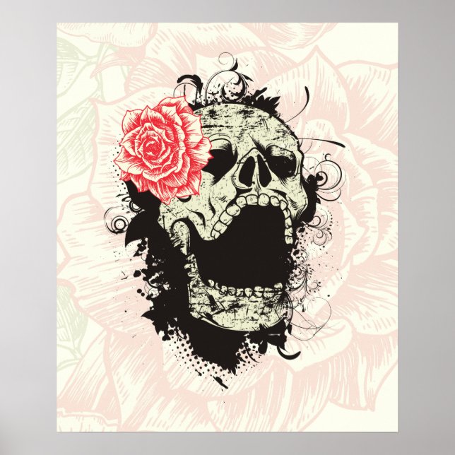 Cool gothic skull and red rose custom poster (Front)