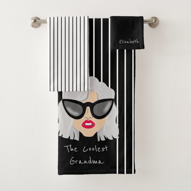 Cool Grandma with Glasses Custom Name Bath Towel Set (Insitu)