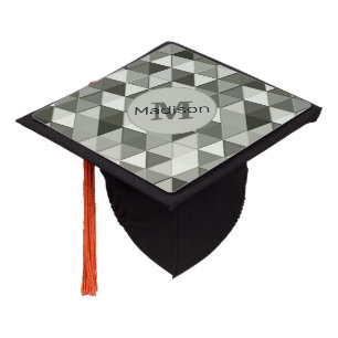 Cool Grayscale triangles geometry pattern Monogram Graduation Cap Topper