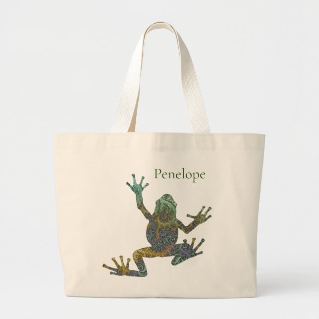 Cool Green and Gold Fractal Tree Frog with Name Large Tote Bag (Front)