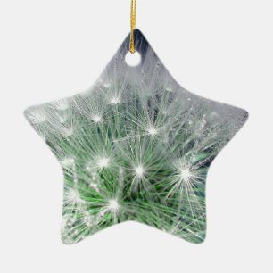 Cool green and white dandelion with waterdrops ceramic ornament