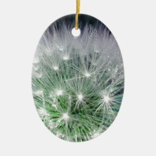 Cool green and white dandelion with waterdrops ceramic ornament