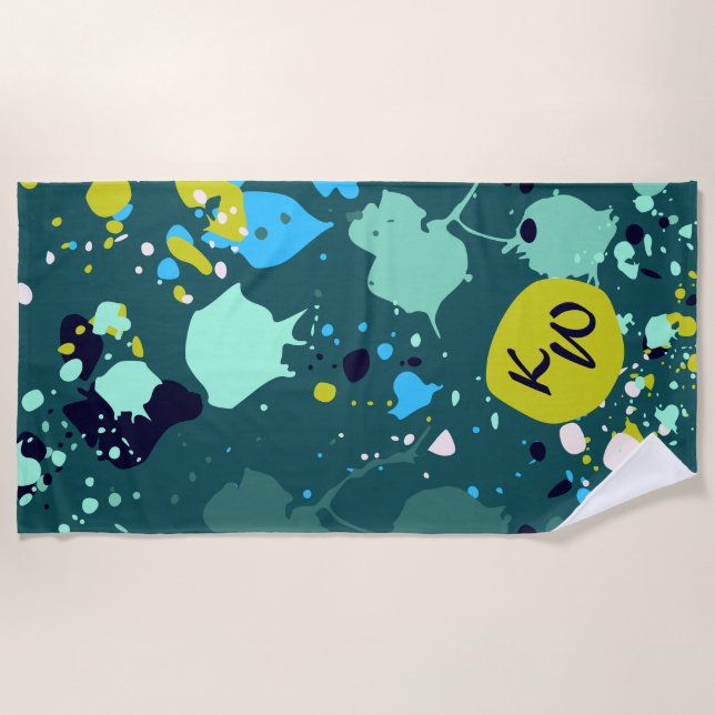 Cool Green Colourful Paint Splatter Initials  Beach Towel (Front)