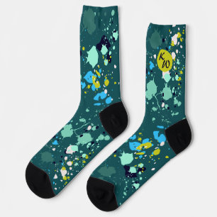 Cool Green Colourful Paint Splatter Initials Socks