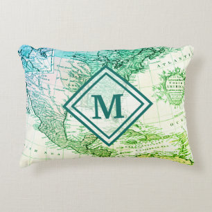 Cool Green Vintage Map of North America Monogram Accent Pillow